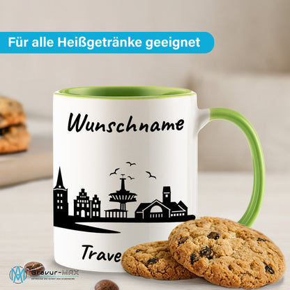 Tasse in Hellgrün 330ml bedruckt mit der Skyline von Travemünde personalisierbar mit Wunschname