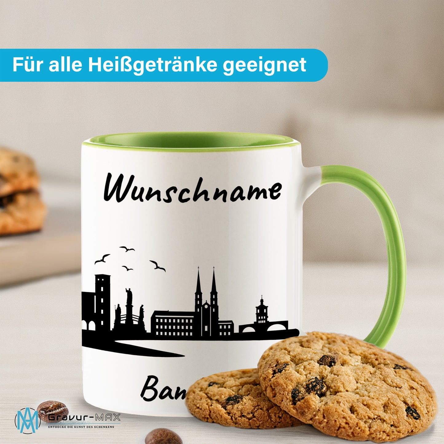 Tasse in Hellgrün 330ml bedruckt mit der Skyline von Bamberg personalisierbar mit Wunschname