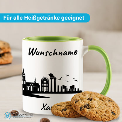 Tasse in Hellgrün 330ml bedruckt mit der Skyline von Xanten personalisierbar mit Wunschname