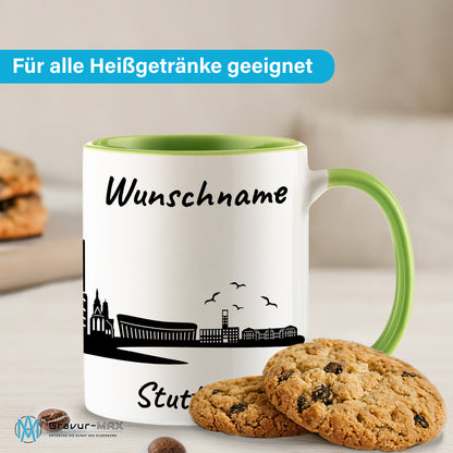 Tasse in Hellgrün 330ml bedruckt mit der Skyline von Stuttgart personalisierbar mit Wunschname