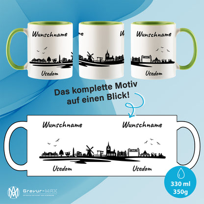 Tasse in Hellgrün 330ml bedruckt mit der Skyline von Usedom personalisierbar mit Wunschname