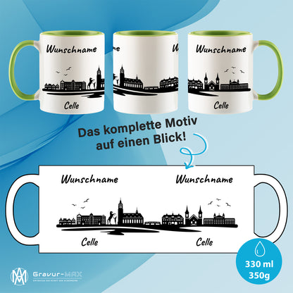 Tasse in Hellgrün 330ml bedruckt mit der Skyline von Celle personalisierbar mit Wunschname