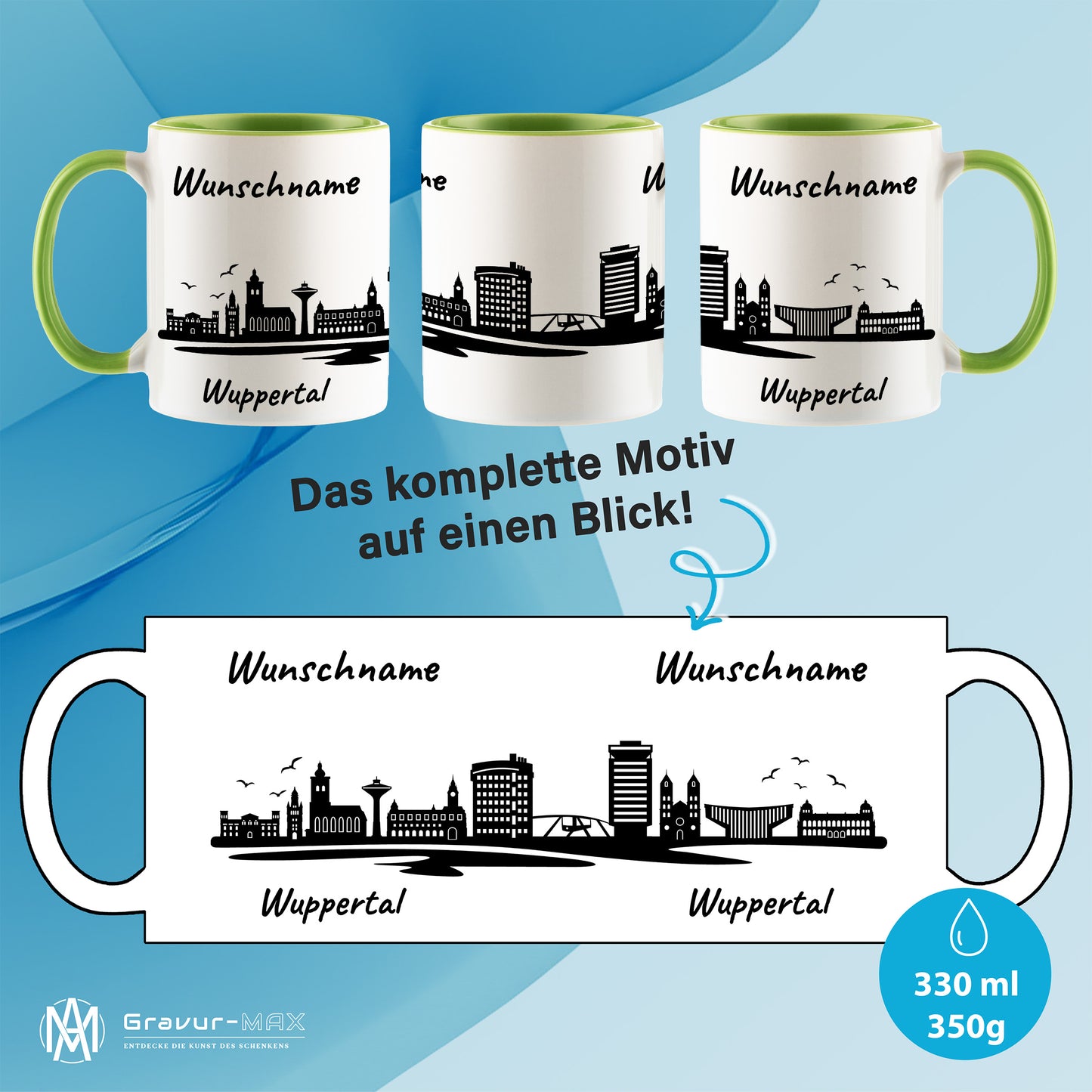 Tasse in Hellgrün 330ml bedruckt mit der Skyline von Wuppertal personalisierbar mit Wunschname