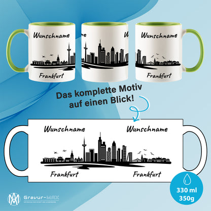 Tasse in Hellgrün 330ml bedruckt mit der Skyline von Frankfurt personalisierbar mit Wunschname