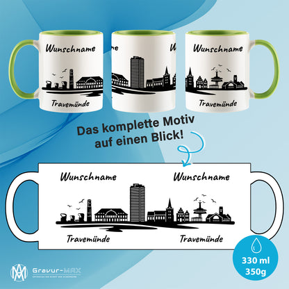 Tasse in Hellgrün 330ml bedruckt mit der Skyline von Travemünde personalisierbar mit Wunschname