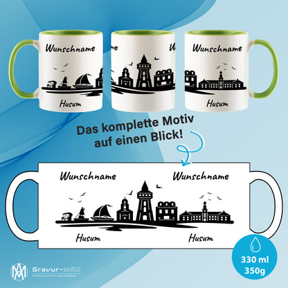 Tasse in Hellgrün 330ml bedruckt mit der Skyline von Husum personalisierbar mit Wunschname
