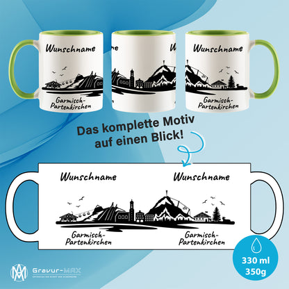 Tasse in Hellgrün 330ml bedruckt mit der Skyline von Garmisch-Partenkirchen personalisierbar mit Wunschname