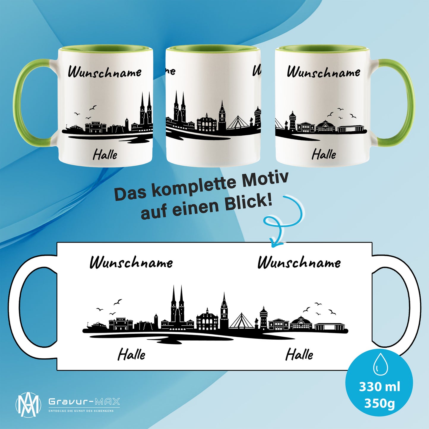 Tasse in Hellgrün 330ml bedruckt mit der Skyline von Halle personalisierbar mit Wunschname