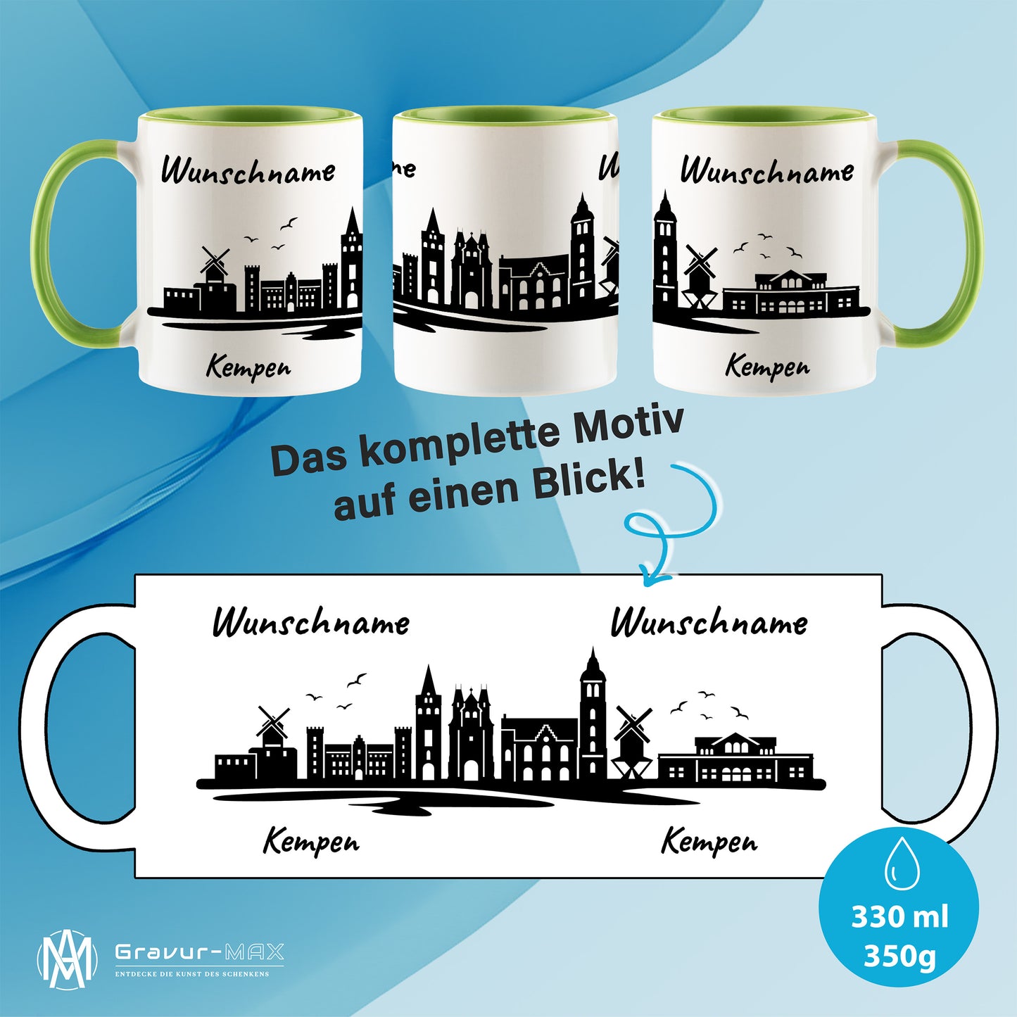 Tasse in Hellgrün 330ml bedruckt mit der Skyline von Kempen personalisierbar mit Wunschname
