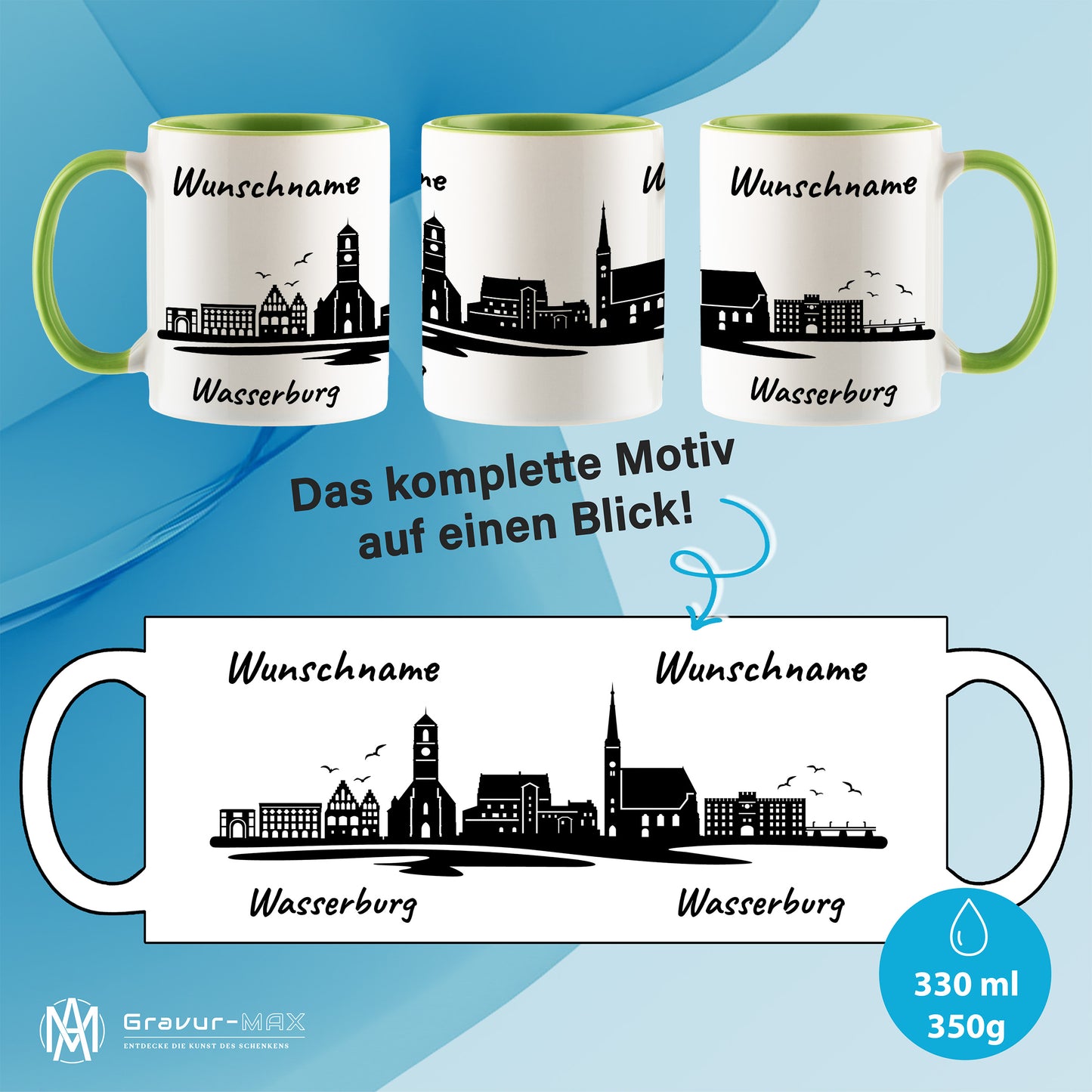 Tasse in Hellgrün 330ml bedruckt mit der Skyline von Wasserburg personalisierbar mit Wunschname