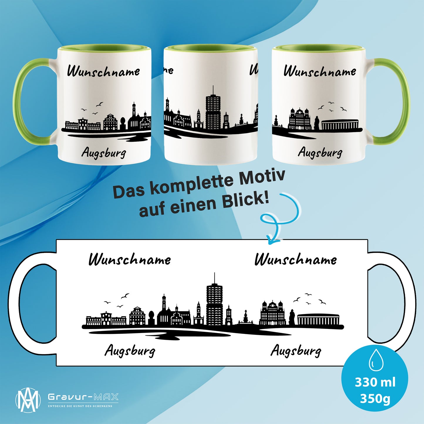 Tasse in Hellgrün 330ml bedruckt mit der Skyline von Augsburg personalisierbar mit Wunschname