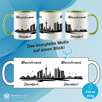 Tasse in Hellgrün 330ml bedruckt mit der Skyline von Düsseldorf personalisierbar mit Wunschname