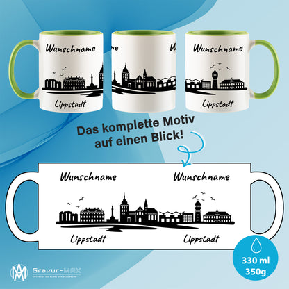 Tasse in Hellgrün 330ml bedruckt mit der Skyline von Lippstadt personalisierbar mit Wunschname