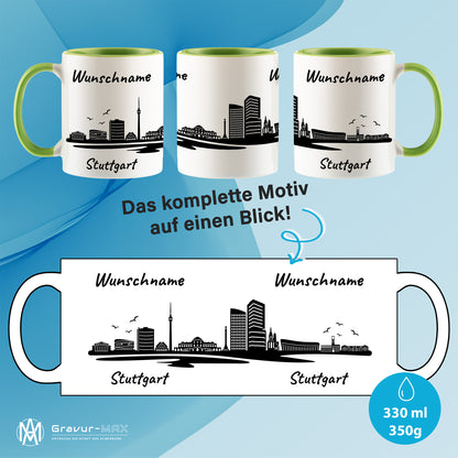 Tasse in Hellgrün 330ml bedruckt mit der Skyline von Stuttgart personalisierbar mit Wunschname