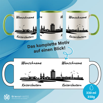 Tasse in Hellgrün 330ml bedruckt mit der Skyline von Kaiserslautern personalisierbar mit Wunschname