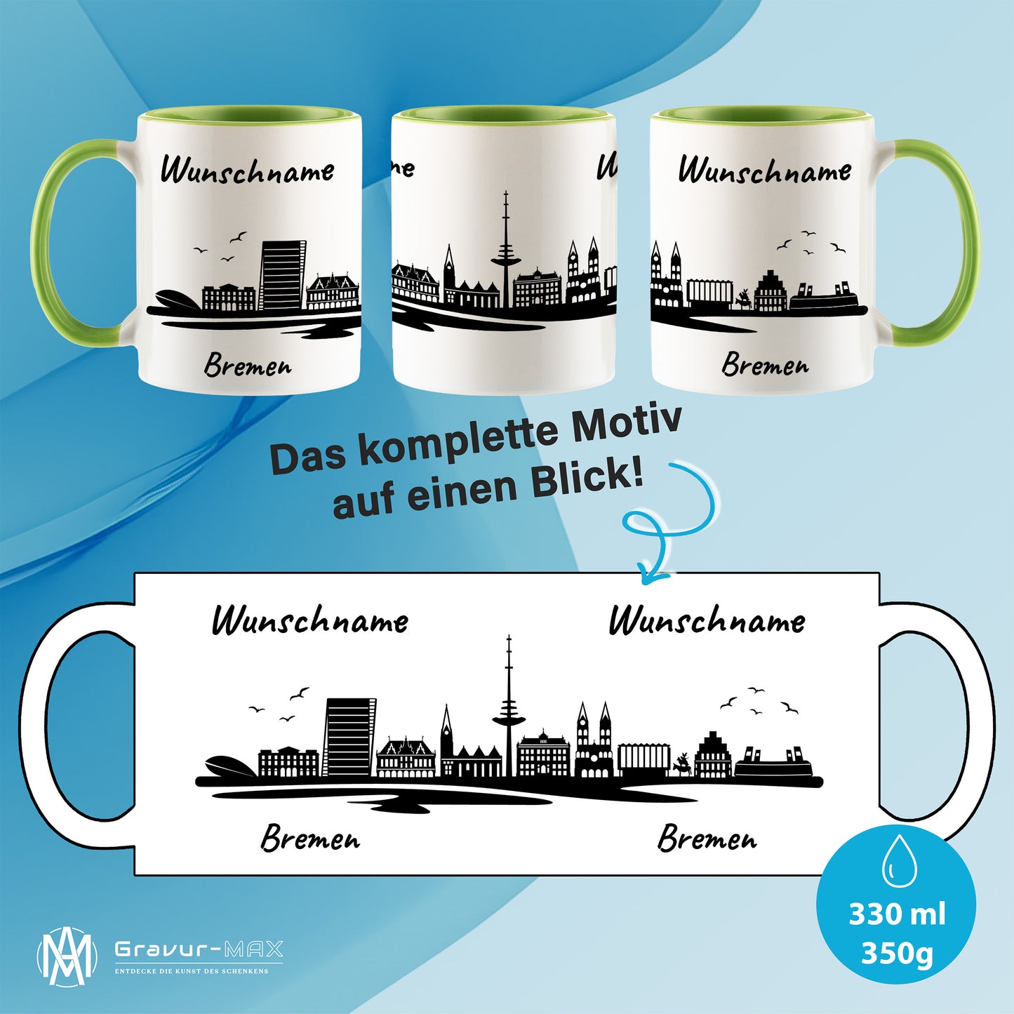 Tasse in Hellgrün 330ml bedruckt mit der Skyline von Bremen personalisierbar mit Wunschname
