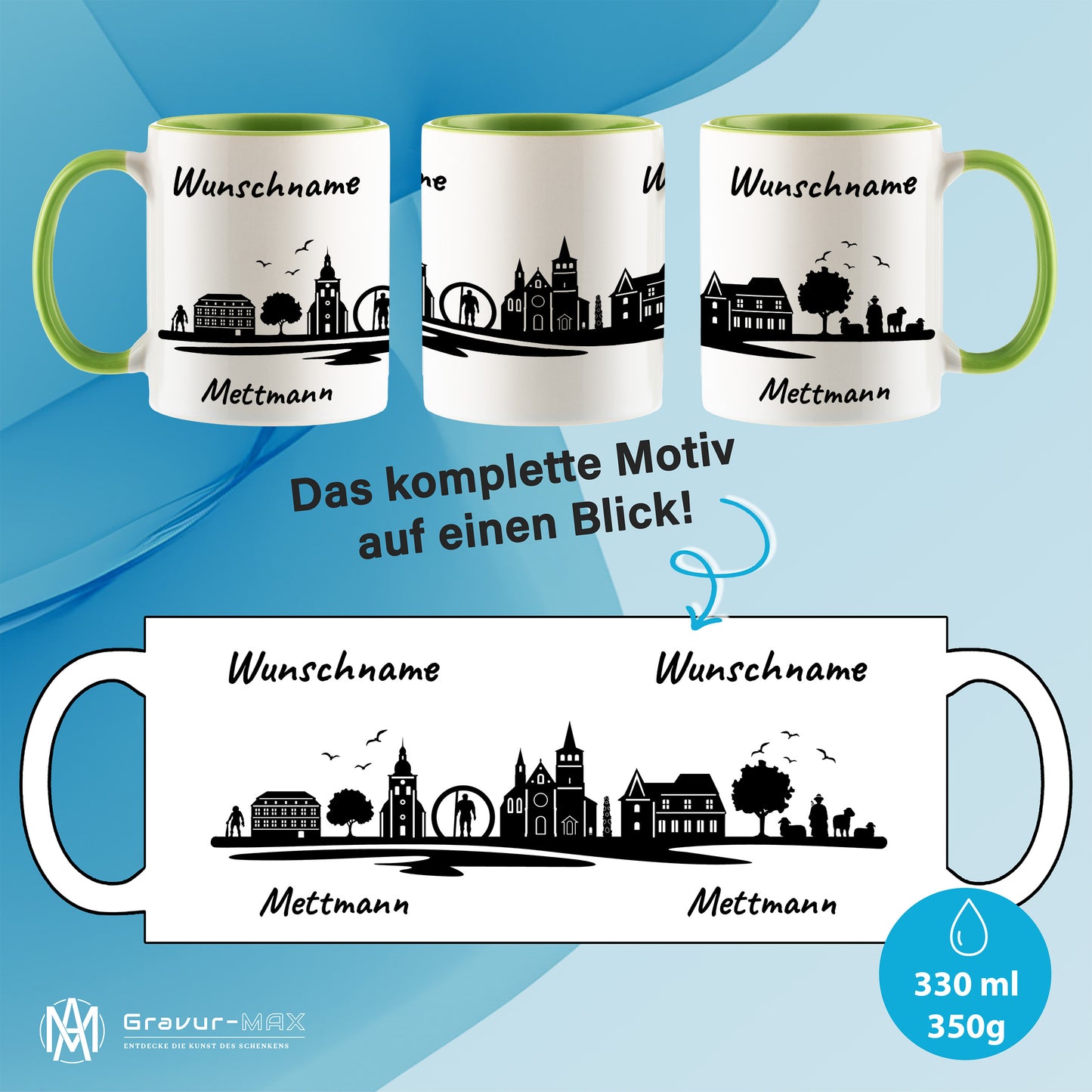 Tasse in Hellgrün 330ml bedruckt mit der Skyline von Mettmann personalisierbar mit Wunschname