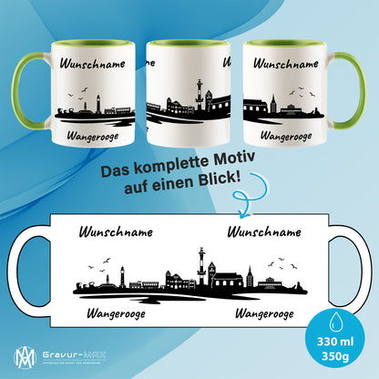Tasse in Hellgrün 330ml bedruckt mit der Skyline von Wangerooge personalisierbar mit Wunschname