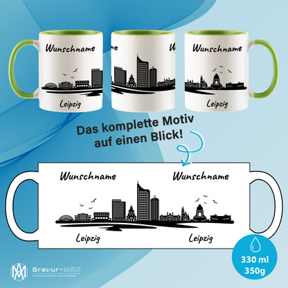 Tasse in Hellgrün 330ml bedruckt mit der Skyline von Leipzig personalisierbar mit Wunschname