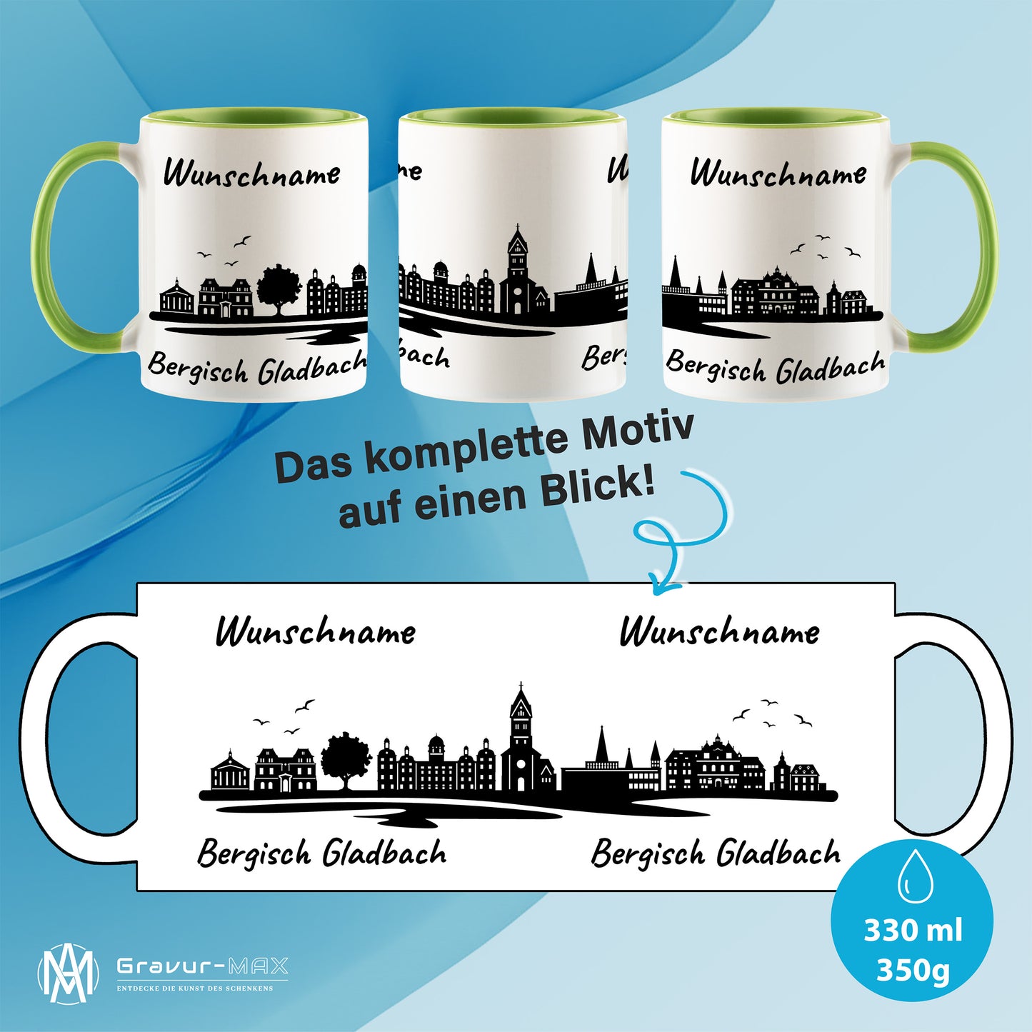 Tasse in Hellgrün 330ml bedruckt mit der Skyline von Bergisch Gladbach personalisierbar mit Wunschname