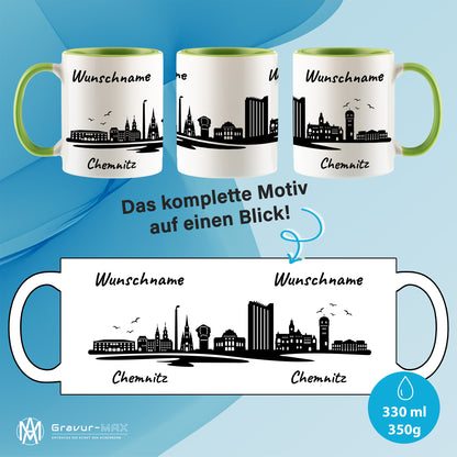 Tasse in Hellgrün 330ml bedruckt mit der Skyline von Chemnitz personalisierbar mit Wunschname
