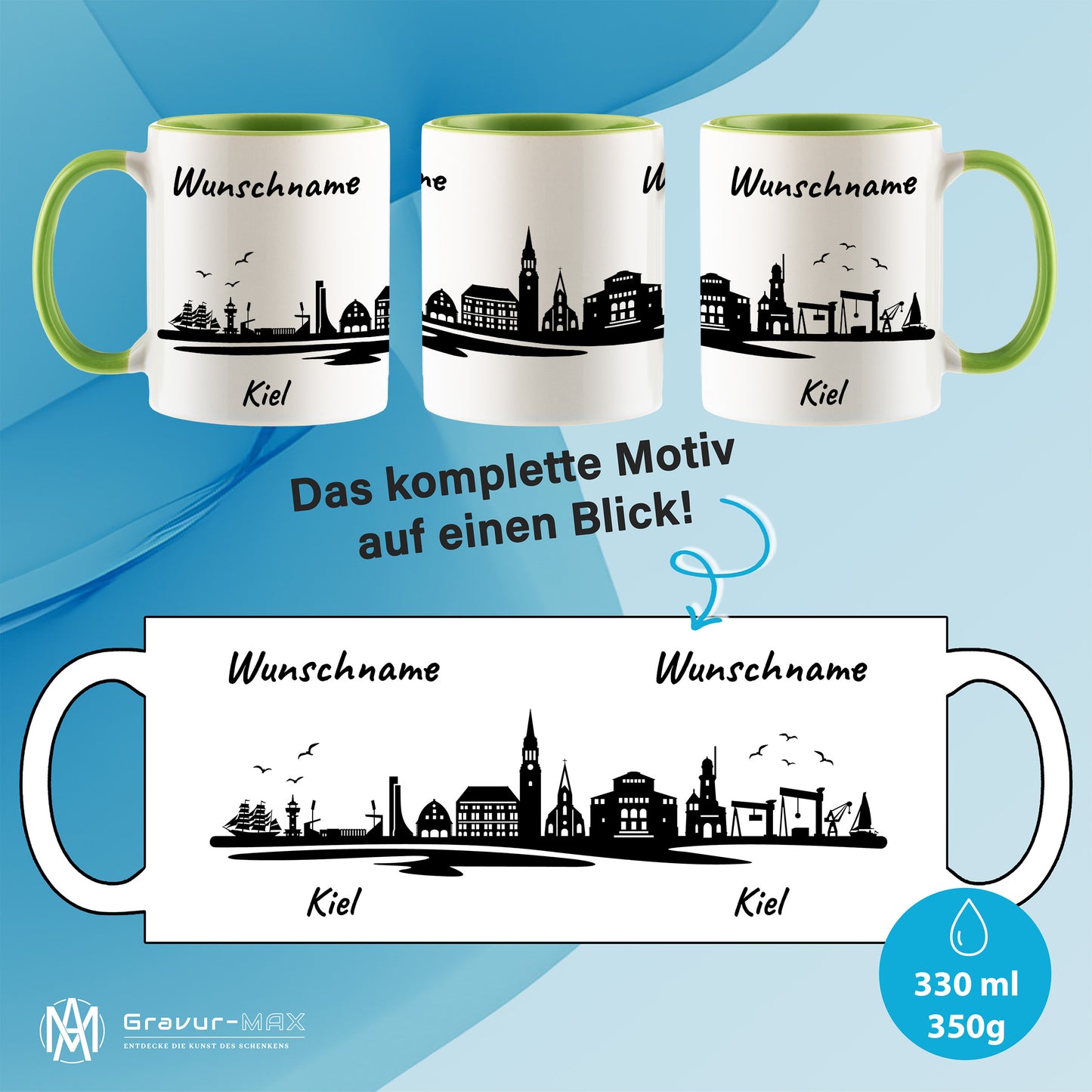 Tasse in Hellgrün 330ml bedruckt mit der Skyline von Kiel personalisierbar mit Wunschname