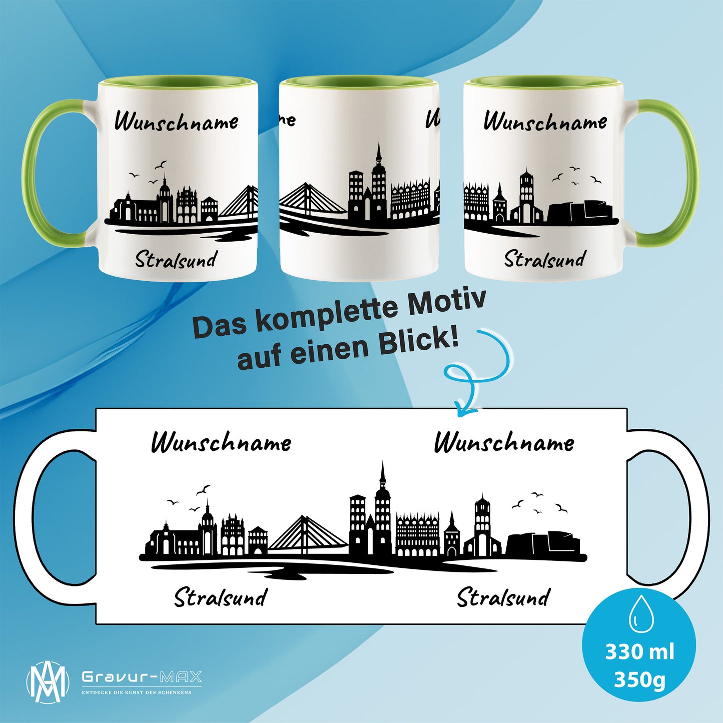 Tasse in Hellgrün 330ml bedruckt mit der Skyline von Stralsund personalisierbar mit Wunschname