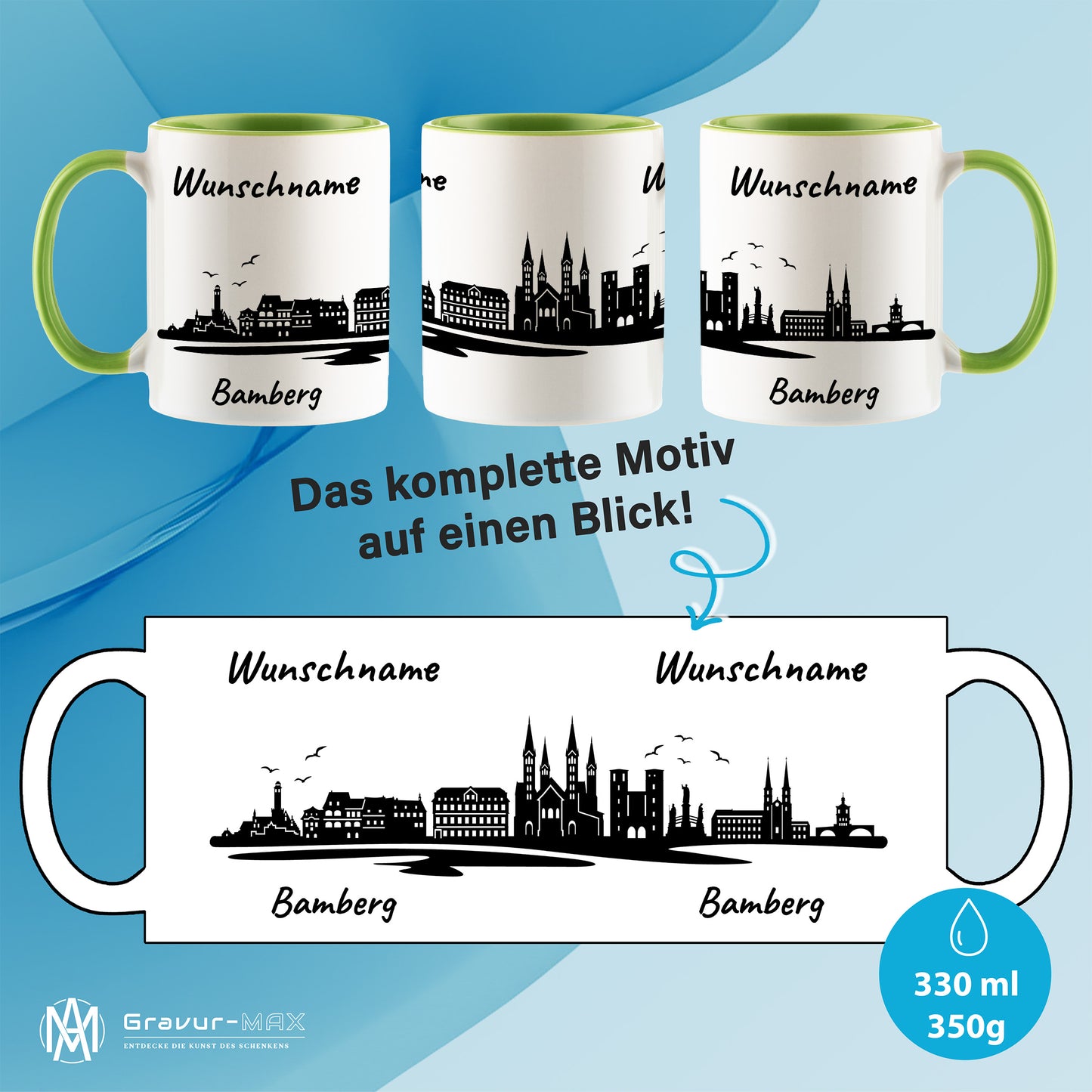 Tasse in Hellgrün 330ml bedruckt mit der Skyline von Bamberg personalisierbar mit Wunschname