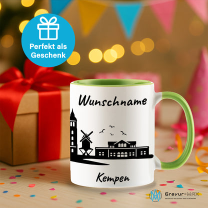 Tasse in Hellgrün 330ml bedruckt mit der Skyline von Kempen personalisierbar mit Wunschname