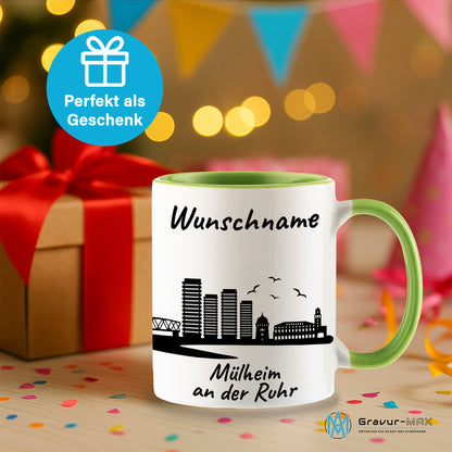 Tasse in Hellgrün 330ml bedruckt mit der Skyline von Mülheim an der Ruhr personalisierbar mit Wunschname