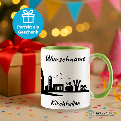 Tasse in Hellgrün 330ml bedruckt mit der Skyline von Kirchhellen personalisierbar mit Wunschname