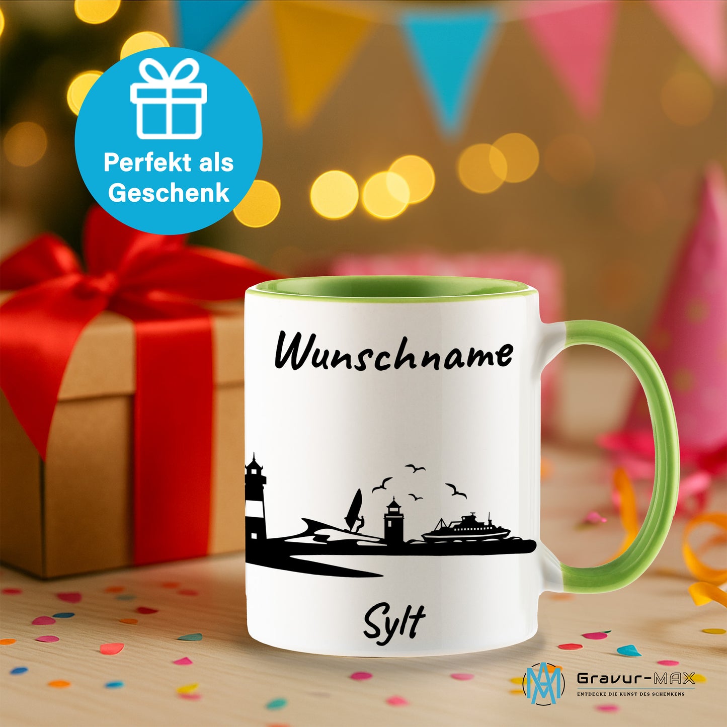 Tasse in Hellgrün 330ml bedruckt mit der Skyline von Sylt personalisierbar mit Wunschname