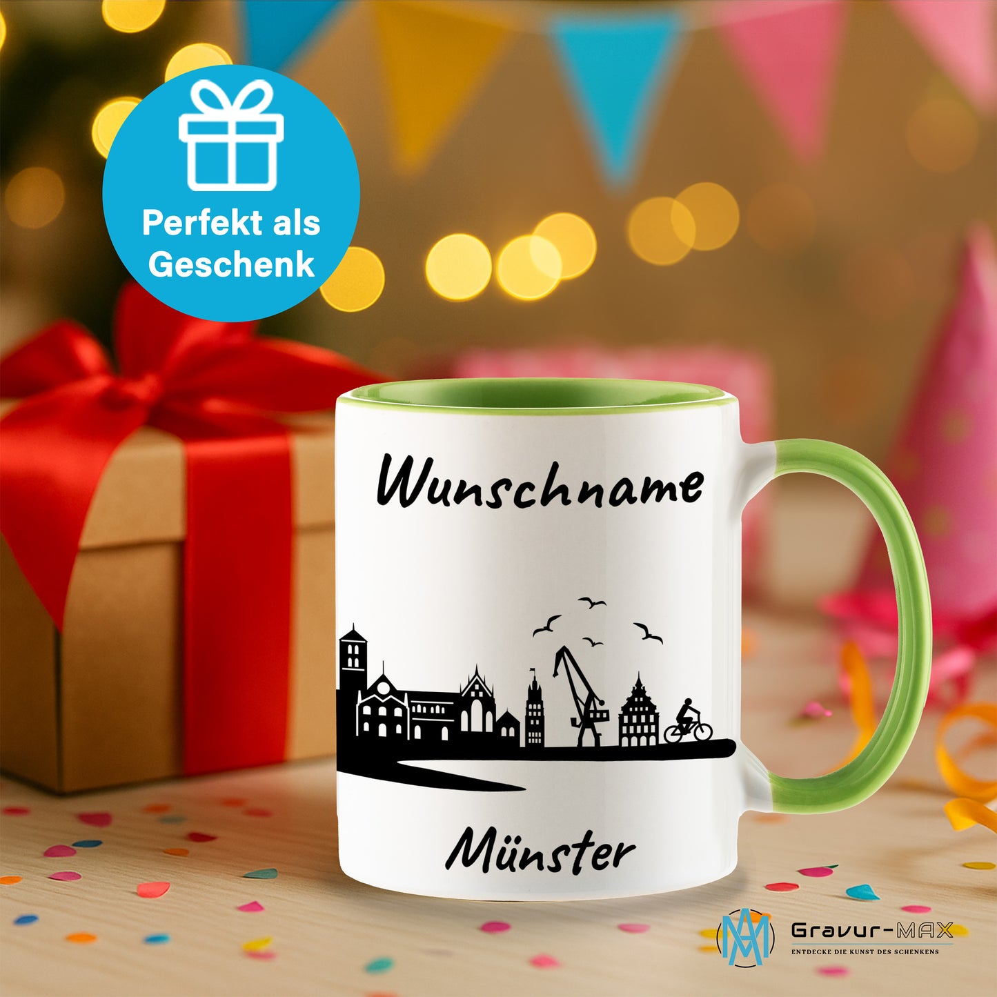 Tasse in Hellgrün 330ml bedruckt mit der Skyline von Münster personalisierbar mit Wunschname