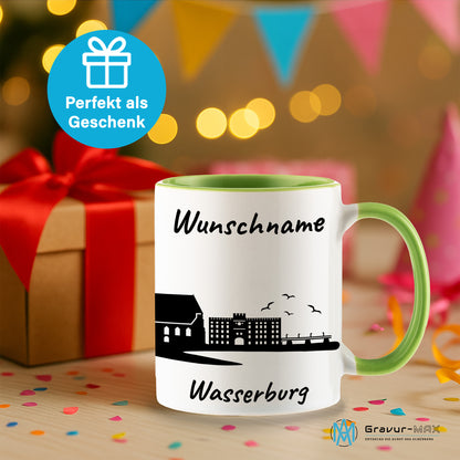 Tasse in Hellgrün 330ml bedruckt mit der Skyline von Wasserburg personalisierbar mit Wunschname