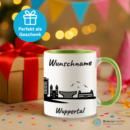 Tasse in Hellgrün 330ml bedruckt mit der Skyline von Wuppertal personalisierbar mit Wunschname