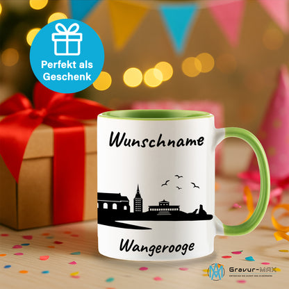 Tasse in Hellgrün 330ml bedruckt mit der Skyline von Wangerooge personalisierbar mit Wunschname
