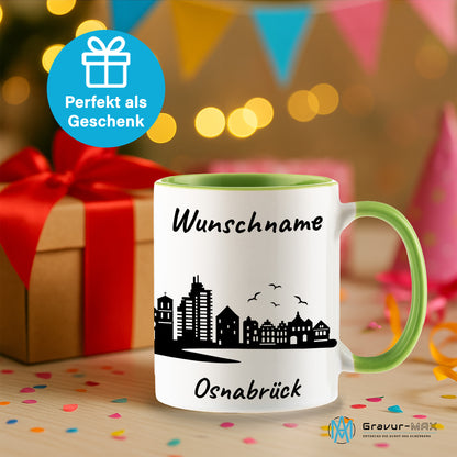Tasse in Hellgrün 330ml bedruckt mit der Skyline von Osnabrück personalisierbar mit Wunschname