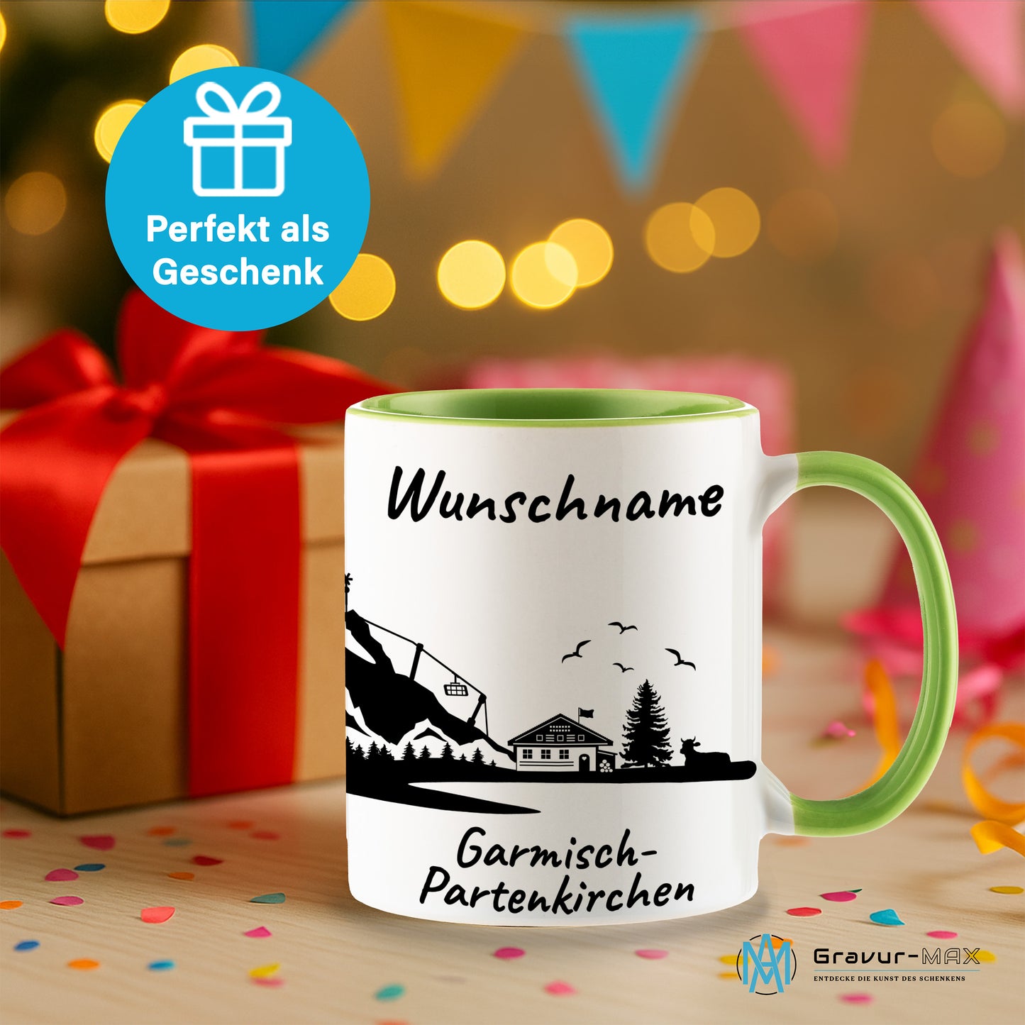 Tasse in Hellgrün 330ml bedruckt mit der Skyline von Garmisch-Partenkirchen personalisierbar mit Wunschname