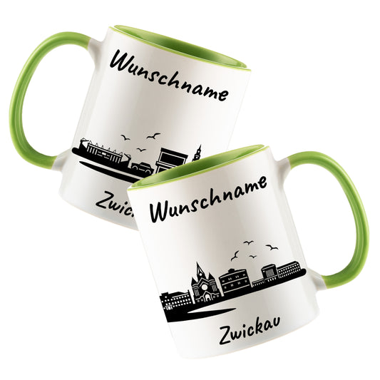 Tasse in Hellgrün 330ml bedruckt mit der Skyline von Zwickau personalisierbar mit Wunschname