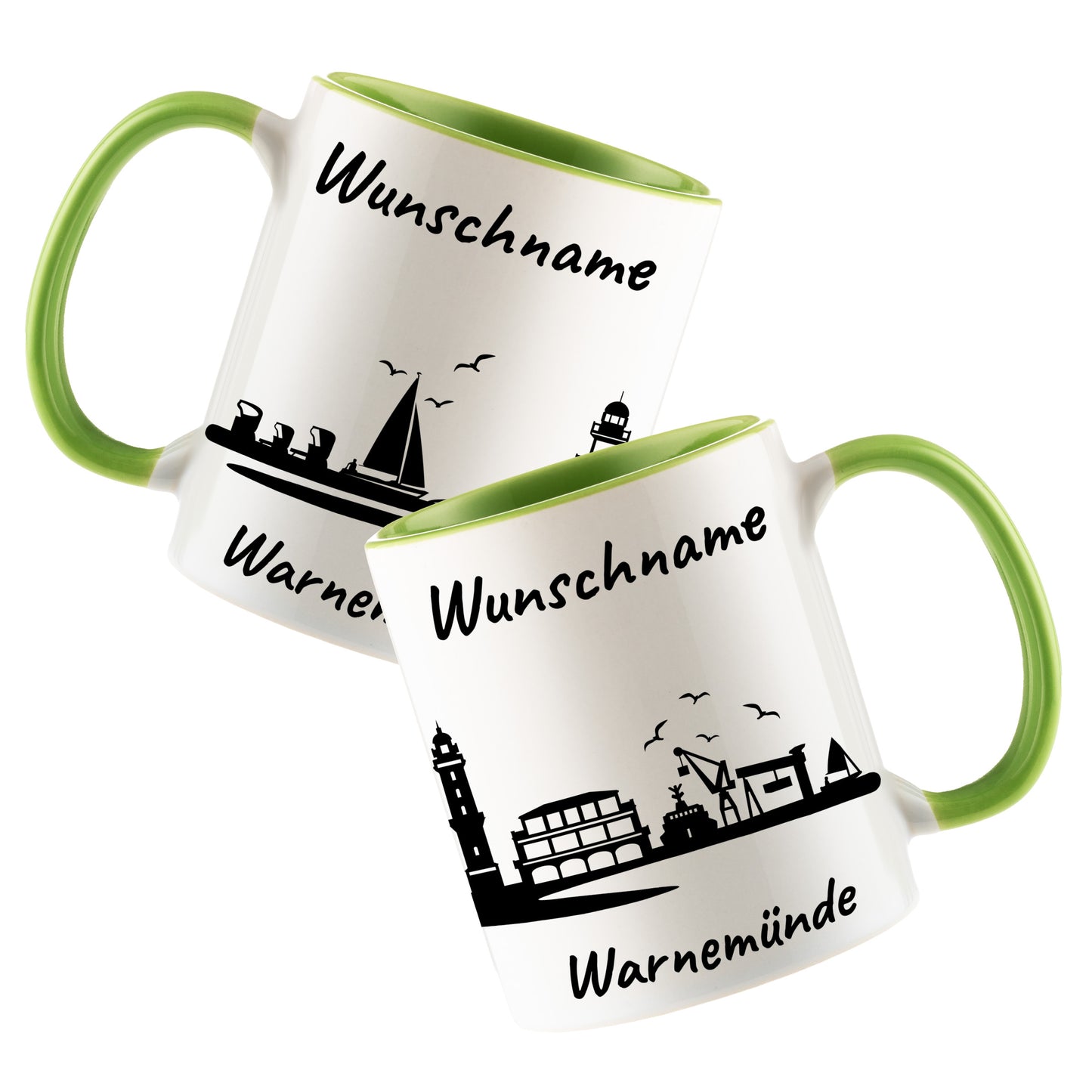 Tasse in Hellgrün 330ml bedruckt mit der Skyline von Warnemünde personalisierbar mit Wunschname