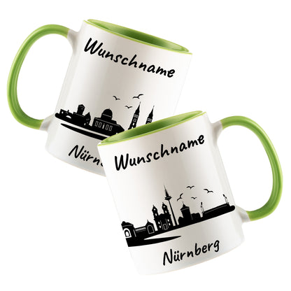 Tasse in Hellgrün 330ml bedruckt mit der Skyline von Nürnberg personalisierbar mit Wunschname