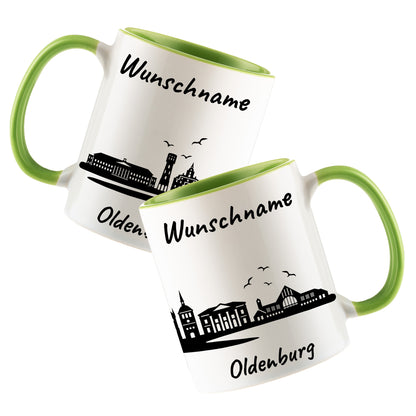 Tasse in Hellgrün 330ml bedruckt mit der Skyline von Oldenburg personalisierbar mit Wunschname