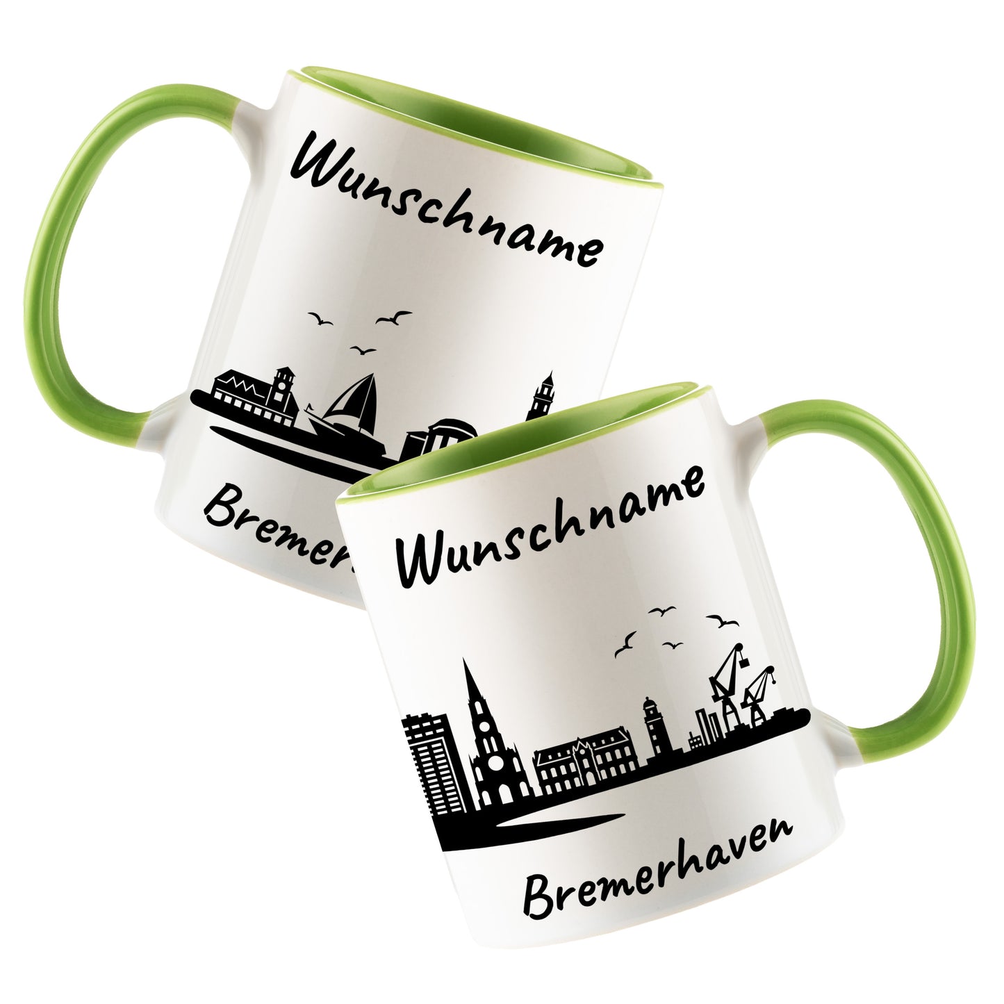 Tasse in Hellgrün 330ml bedruckt mit der Skyline von Bremerhaven personalisierbar mit Wunschname