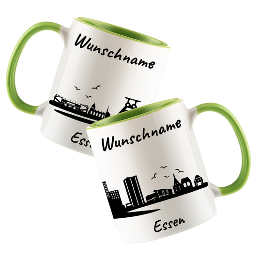 Tasse in Hellgrün 330ml bedruckt mit der Skyline von Essen personalisierbar mit Wunschname
