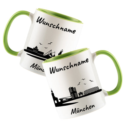 Tasse in Hellgrün 330ml bedruckt mit der Skyline von München personalisierbar mit Wunschname