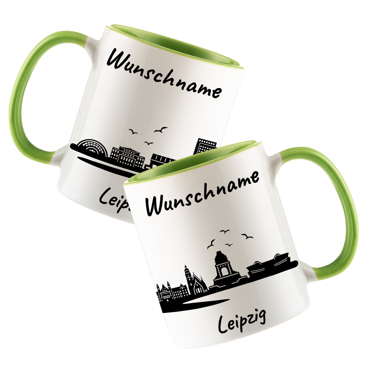 Tasse in Hellgrün 330ml bedruckt mit der Skyline von Leipzig personalisierbar mit Wunschname