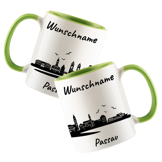Tasse in Hellgrün 330ml bedruckt mit der Skyline von Passau personalisierbar mit Wunschname