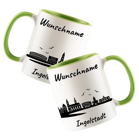 Tasse in Hellgrün 330ml bedruckt mit der Skyline von Ingolstadt personalisierbar mit Wunschname