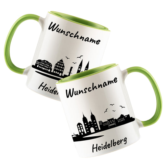 Tasse in Hellgrün 330ml bedruckt mit der Skyline von Heidelberg personalisierbar mit Wunschname