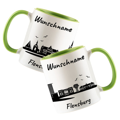 Tasse in Hellgrün 330ml bedruckt mit der Skyline von Flensburg personalisierbar mit Wunschname